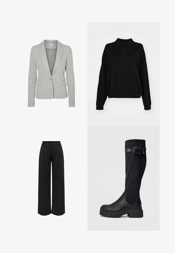 Lys grå fitted blazer lavet af blødt stof, med knappet revers, enkelt knaplukning, og to forlommer. Glat tekstur.; Sort pullover sweater med kravehals, tre knapper og løse ærmer. Fremstillet af struktureret stof med en ribbet kant.; Sorte brede bukser med en tætsiddende talje, frontplys og knaplukning. Fremstillet af et let materiale med en glat overflade.; Knæhøje sorte støvler med lædertå og tekstilskafter, med en sidelomme, tyk gummisål og dekorativ rem.