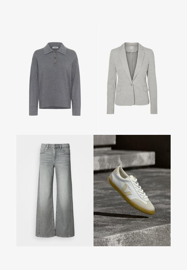 Blazer ajustado gris claro hecho de una tela suave, con solapas con muesca, cierre de un solo botón y dos bolsillos frontales. Textura suave.; Suéter de punto gris de manga larga con cuello y tres botones marrones en la parte delantera, etiquetado como "soaked."; Vaqueros de pierna ancha de talle alto en gris, con botón y cremallera delanteros, bolsillos delanteros y traseros, exhibidos sobre un fondo blanco liso.; Zapatillas de lona blanca con detalles beige, punta redonda, suela de goma texturizada y el distintivo logo en forma de V en el lateral, suspendidas sobre una superficie de hormigón.