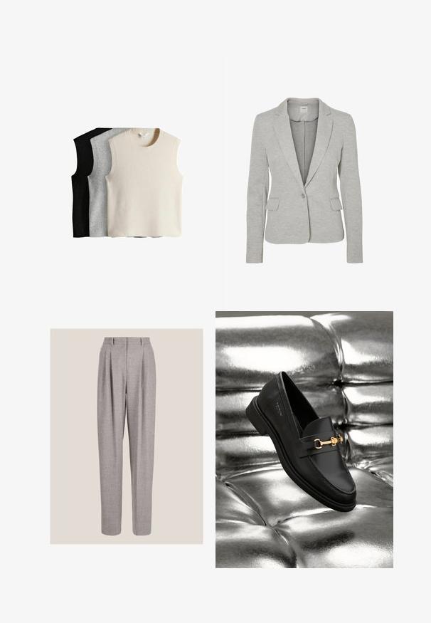 Blazer ajusté gris clair en tissu doux, avec un col à revers, fermeture à un bouton et deux poches avant. Texture lisse.; Trois pulls sans manches en crème, gris et noir. Chacun présente un col et un ourlet côtelés, fabriqués en matériau tricoté doux.; Pantalon gris sur mesure taille haute avec plis devant et jambes droites, présenté sur un fond neutre.; Mocassin en cuir noir avec un détail en métal doré. La chaussure présente un design épuré et une texture lisse et brillante.