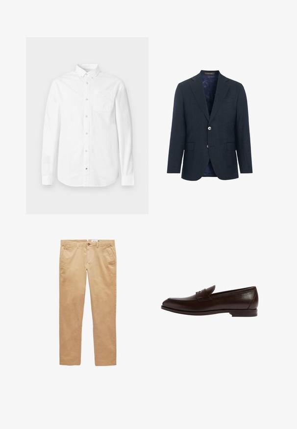 Donker marineblauw herenblazer met ingetrokken revers, twee voorzakken met klep, borstwelzak en twee knopen sluiting, gevoerd aan de binnenkant.; Witte blouse met lange mouwen van katoen. Voorzien van een button-down kraag, voorzak en subtiele textuur. Rechte zoom met knoopsluitingen.; Beige rechte katoenen broek met ceintuurlussen, voorzakken en een knoopsluiting.; Bruine leren loafers met een ronde neus, gestikte details en een discrete bandaccent. Slank profiel met een platte rubberen zool.