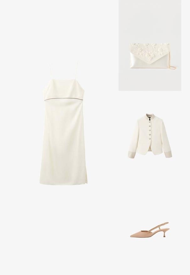 Blazer blanco recortado con cuello de pie, cinco botones frontales de perlas, mangas largas y dos bolsillos delanteros con abertura.; Vestido midi blanco sin mangas con tirantes finos de spaghetti y una costura horizontal debajo del busto, hecho de tela suave.; Zapatos de tacón bajo tipo slingback en color nude con punta afilada, hechos de un material brillante, que cuentan con una correa delgada con hebilla ajustable.; Clutch de raso crema con bordado de perlas y flores en la solapa, y una delgada cadena dorada como correa sobre fondo blanco.