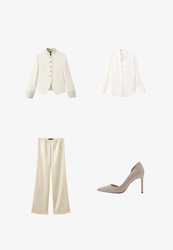 Hvid cropped blazer med stående krave, fem perleknapper foran, lange ærmer og to frontspidslommer.; Hvid skjorte med lange ærmer og knapper foran, klassisk krave og knaplukning; har et glat, let stof og afrundet kant.; Bukser med vide ben i cremefarve med elastik i taljen, lavet af blødt, flydende stof, designet til behagelig afslappet brug.; Beige patenteret læder højhælet pumpe med spidse tæer, lavudskårne sider og en slank hæl. Glat struktur med en blank finish.