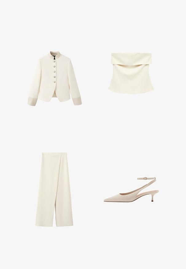 Hvid cropped blazer med stående krave, fem perleknapper foran, lange ærmer og to frontspidslommer.; Offwhite, skulderløs top med bredt foldet halsudskæring og skræddersyede syninger, der skaber en tætsiddende, struktureret silhuet.; Kremfarvede bukser med vide ben, høj talje og et fremad overlapningspanel.; Spids-tået beige slingback pump med en slank hæl og justerbar ankelrem. Glat tekstur med minimalistisk design og ingen synlige mønstre.
