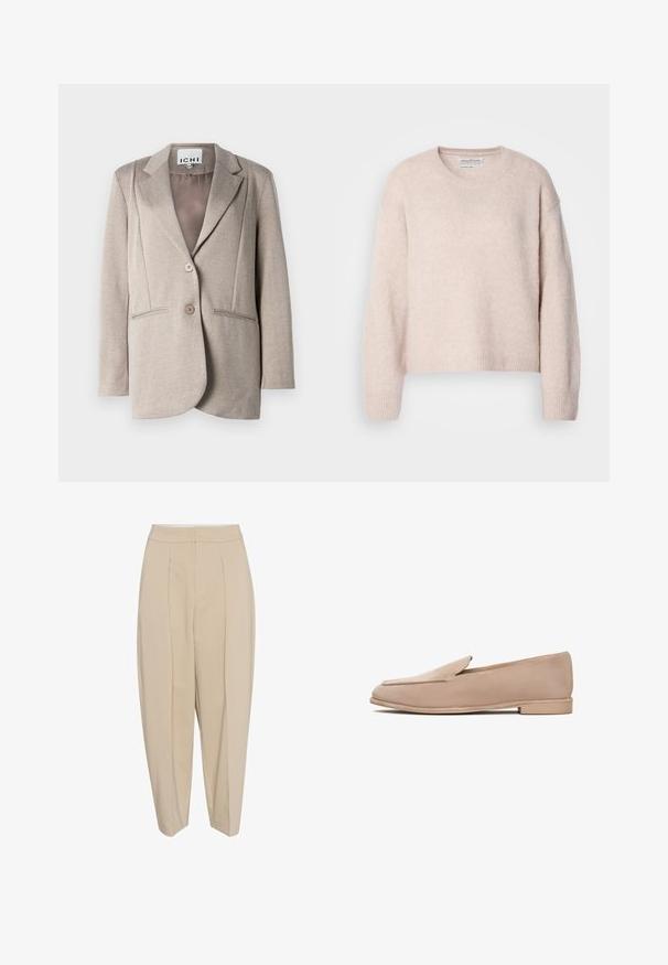 Lys grå hørgarn blazer med en blød tekstur, kraagede lapeller, to knapper og sidelommer. Foret indre i en ensfarvet farve.; Lyserød sweater lavet af blødt, tekstureret stof. Har en rund hals, dropped skuldre samt ribbede маншеты og søm. Cropped design.; Beige skræddersyede bukser med høj talje, plisseret forside og smal nederdel. Stoffet ser glat ud med en subtil glans. Ingen synlige lommer.; Beige ruskind loafers med flad sål, en diskret spids tå og minimal syning langs kanterne. Glat tekstur hele vejen rundt.
