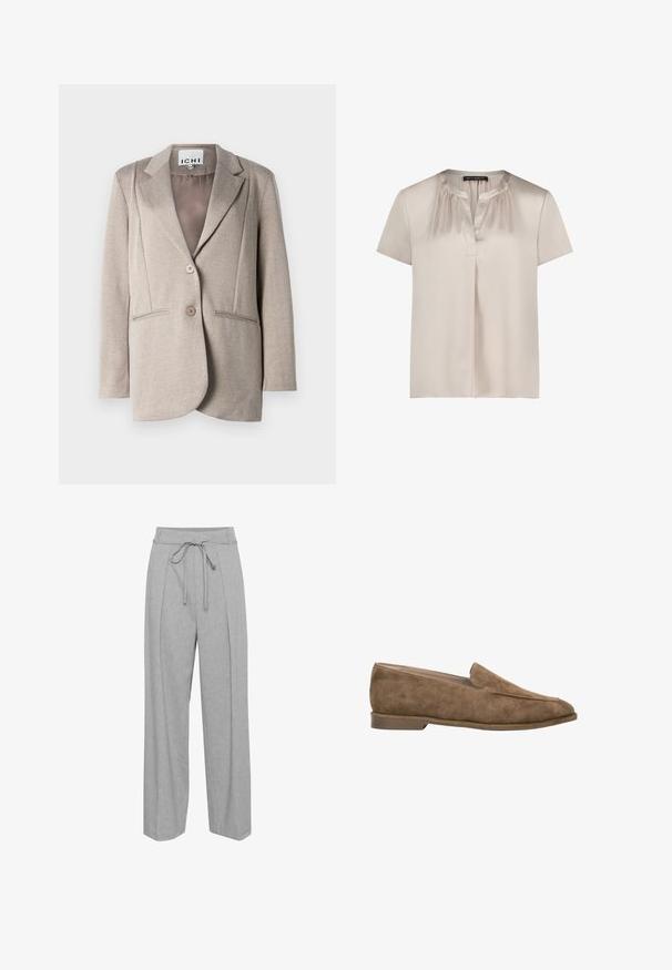 Hellgrauer Fischgrätblazer mit weich-texturierter Oberfläche, mit Reverskragen, zwei Knöpfen und seitlichen Taschen. Gefüttertes Innenfutter in einfarbigem Design.; Beige Satinbluse mit kurzen Ärmeln, gerafftem Ausschnitt, V-förmigem Schlitz vorne und weiter Passform, am Kragenetikett mit "Betty Barclay" beschriftet.; Graue Leinen-Hose mit weitem Bein und hohem Bund, ausgestattet mit einem Kordelzug, Falten an der Vorderseite und einer weichen, strukturierten Oberfläche.; Brauner Wildleder-Slipper mit niedrigem Absatz und abgerundeter Spitze, Seitenansicht vor weißem Hintergrund.