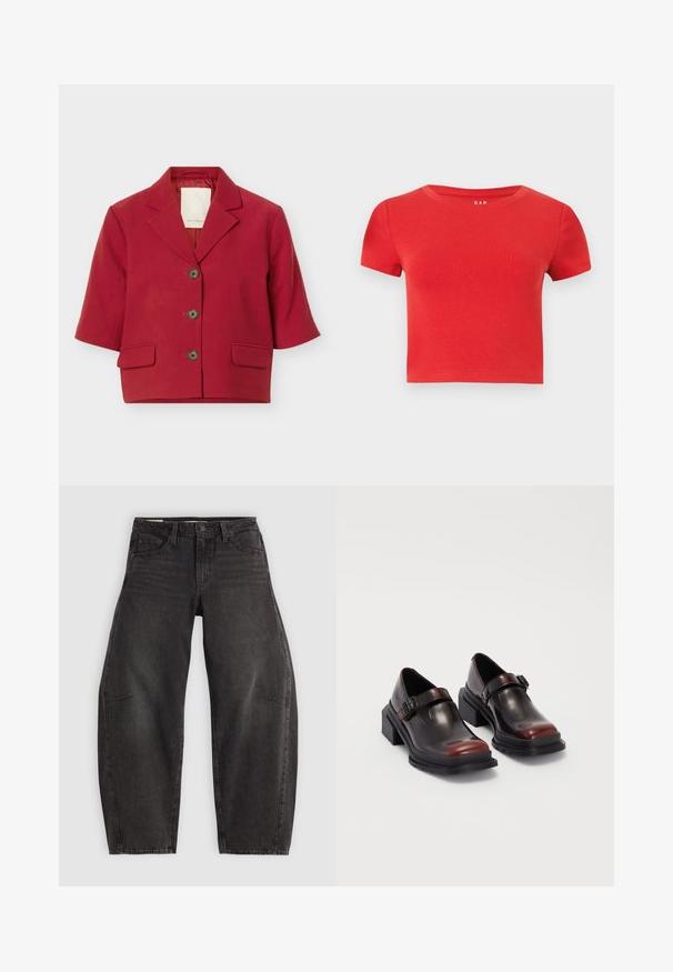 Rød kortærmet blazer med hakket revers, tre sorte knapper foran og to klaplommer ved taljen mod hvid baggrund.; Rød bomulds t-shirt med korte ærmer, rund halsudskæring og tætsiddende design. Glat tekstur med minimal dekoration.; Sorte denim jeans med en afslappet pasform, der har fem lommer, knaplukning og subtil fading. Stoffet har en glat, robust tekstur.; Læder sko med blokhæl i en blank mørk burgunderrød finish, med en spænde rem og rund tå design. Struktureret ydersål for bedre greb.
