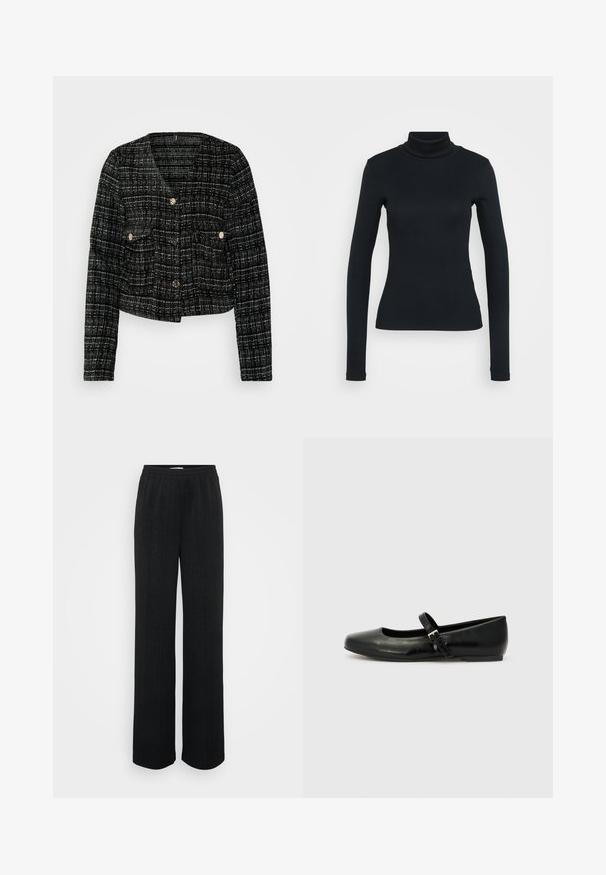 Veste à carreaux noir et blanc avec un design court, des boutons dorés, deux poches avant et un tissu texturé.; Pull à col roulé noir à manches longues à côtes, avec une silhouette ajustée sur un fond clair.; Pantalons larges noirs en tissu texturé avec des rayures verticales et une taille élastique pour le confort.; Ballerines en cuir noir avec un bout arrondi, une semelle plate et une fine sangle ajustable sur le cou-de-pied avec une boucle en métal.
