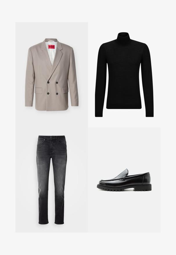 Lichtbeige double-breasted blazer met zwarte knopen, notch-revers, klepzakken en rood HUGO-label op witte voering.; Zwarte coltrui van zacht materiaal, met lange mouwen en een snug fit. Geribbelde afwerking aan de onderkant en mouwen. Eenvoudig ontwerp.; Zwarte denim jeans met een recht gesneden pijp. Kenmerken zijn een knoop- en ritssluiting, vijf zakken en subtiele vervaging op de stof.; Zwarte leren loafer met dikke rubberen zool, gestikte bovenkant en gegraveerde merknaam op de hiel, zijaanzicht op witte achtergrond.