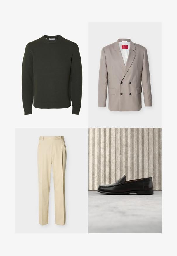 Lysebeige dobbeltradet blazer med sorte knapper, hakket revers, lommer med klap og rød HUGO-label på hvidt indvendigt foer.; Mørkegrøn strikket sweater med rund hals, lange ærmer samt ribkant ved ærmeafslutninger og bund, vist på hvid baggrund.; Beige bukser med lige ben, bæltestropper og forreste læg på en ensartet lys baggrund.; Sort læder penny loafer med lav hæl, rundet tå og syningsdetaljer langs fronten og siderne, vist på neutral baggrund.