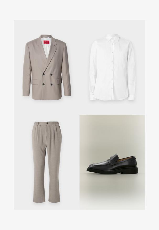 Blazer croisé beige clair avec boutons noirs, revers crantés, poches à rabat et étiquette rouge HUGO sur la doublure intérieure blanche.; Chemise blanche à manches longues avec boutons, fabriquée en coton. Comprend un col pointu et un petit logo brodé sur la poitrine. Texture lisse.; Pantalons gris clair avec une coupe décontractée, fabriqués en tissu doux, présentant une taille élastique, des plis et une fermeture à un bouton.; Mocassin homme en cuir noir avec un petit talon et une bride sur le dessus, montré de profil sur un fond neutre.