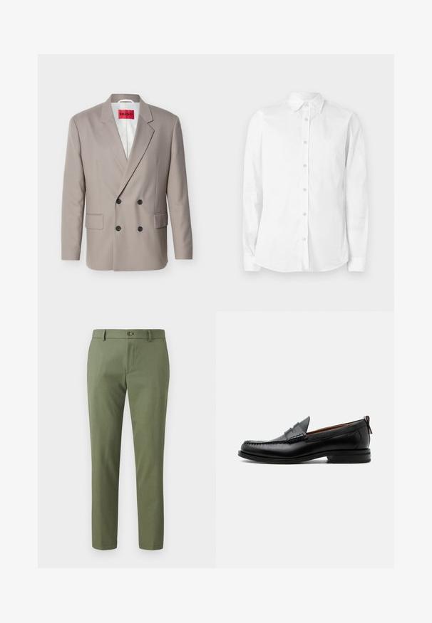 Blazer de doble botonadura color beige claro con botones negros, solapas con muesca, bolsillos con solapa y etiqueta roja HUGO en el forro interior blanco.; Camisa blanca de manga larga con botones, hecha de algodón. Presenta un cuello puntiagudo y un pequeño logo bordado en el pecho. Textura suave.; Pantalones verdes de tejido texturizado, con corte slim, piernas rectas y cierre de botón en la parte delantera. Adecuados para un uso casual o formal.; Mocasín de hombre de piel negra con costura moc toe, tira penny, cuello texturizado y tacón bajo apilado sobre fondo blanco.
