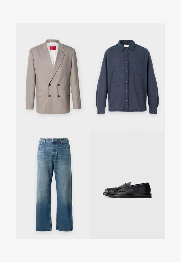 Lysebeige dobbeltradet blazer med sorte knapper, hakket revers, lommer med klap og rød HUGO-label på hvidt indvendigt foer.; Marineblå fleece-skjorte med tekstureret overflade, knappelukning foran, krave og brystlomme. Har brune knapper og lange ærmer.; Lysblå brede jeans med en falmet vask, prydet med enkeltknaplukning, fem lommer og kontrastsyede detaljer.; Sort læderloafer med en rund, rynket tå og en flad sål på en ensfarvet hvid baggrund.