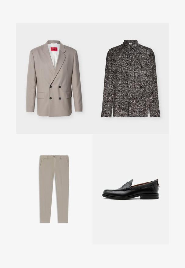 Hellbeiger zweireihiger Blazer mit schwarzen Knöpfen, nichtched Revers, Pattentaschen und rotem HUGO-Label auf weißem Innenfutter.; Langärmeliges Hemd mit Knopfleiste mit schwarz-beigem Leopardenmuster und spitzem Kragen vor einfarbigem Hintergrund.; Beige gerade geschnittene Hose aus glattem Stoff, mit zwei vorderen Taschen, einem Knopfverschluss und minimalen Zierstichen.; Schwarzer Leder-Herrenschuh mit Mokassinnaht, Penny-Riemen, strukturiertem Kragen und niedrigem gestapeltem Absatz auf weißem Hintergrund.