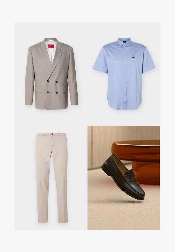 Hellbeiger zweireihiger Blazer mit schwarzen Knöpfen, nichtched Revers, Pattentaschen und rotem HUGO-Label auf weißem Innenfutter.; Hellblaues kurzärmliges Hemd mit Knopfleiste, einem Button-Down-Kragen und dem "BOSS"-Logo, das auf der linken Brust stickt ist.; Beige Slim-Fit-Hose mit Gürtelschlaufen, Knopfverschluss und vorderlichem Reißverschluss, flach auf weißem Hintergrund dargestellt.; Schwarzer Leder-Loafer, der über einem hellbeigen Teppich schwebt, mit bernsteinfarbenen modernen Möbeln im Hintergrund.
