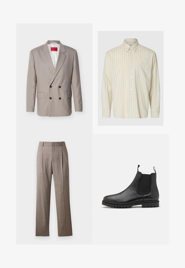 Lysebeige dobbeltradet blazer med sorte knapper, hakket revers, lommer med klap og rød HUGO-label på hvidt indvendigt foer.; Beige langærmet skjorte med tynde lodrette striber, knaplukning, spids krave og brystlomme.; Brune skræddersyede lige ben bukser med bæltestropper og forfald, præsenteret mod en hvid baggrund.; Sorte læder Chelsea støvler med elastiske sidepaneler, trækkemærker og en struktureret gummisål med et slidbane mønster.