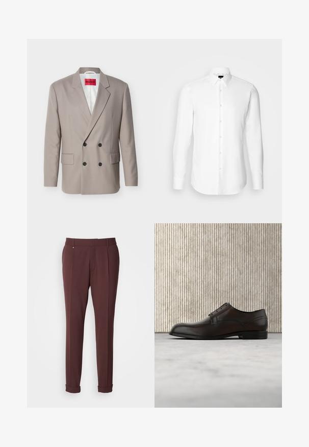 Blazer croisé beige clair avec boutons noirs, revers crantés, poches à rabat et étiquette rouge HUGO sur la doublure intérieure blanche.; Chemise blanche à manches longues, boutonnée sur le devant, col classique, fabriquée en tissu lisse avec une texture subtile, conçue pour une coupe ajustée.; Pantalons ajustés bordeaux avec une texture lisse, dotés de passants de ceinture, de plis avant et d'ourlets roulés pour un look ajusté.; Chaussure habillée en cuir marron avec un bout arrondi, des coutures minimales et une finition lisse. Elle présente un faible talon et un design de laçage simple.