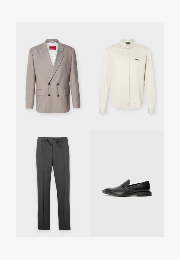 Lysebeige dobbeltradet blazer med sorte knapper, hakket revers, lommer med klap og rød HUGO-label på hvidt indvendigt foer.; Hvid, langærmet, knappet skjorte med krave, sort "BOSS" logo på venstre bryst og knapper ved manchetter, vist på en ensfarvet baggrund.; Mørkegrå bukser med lige ben, frontplisseringer, knaplukning og sorte snøretaljebånd mod en hvid baggrund.; Sorte læder loafers med en glat tekstur, spids tå og lav rektangulær hæl. Har vandret remdetalje på overdelen.