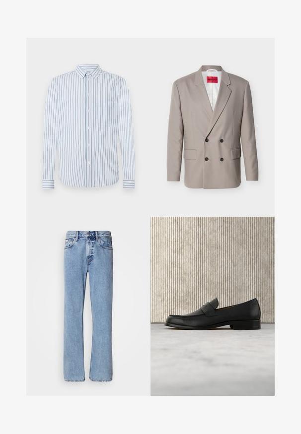 Lysebeige dobbeltradet blazer med sorte knapper, hakket revers, lommer med klap og rød HUGO-label på hvidt indvendigt foer.; Stribet skjorte med lodrette lyseblå og hvide striber, knaplukning foran og en enkelt brystlomme. Lange ærmer med knapmanchetter.; Lyseblå denimjeans med lige ben design, fem lommer og knaplukning. Syninger nær lommer og talje.; Sort lædersko i loafer-stil svæver over et beige tæppe med et blankt brunt rundt bord i baggrunden.