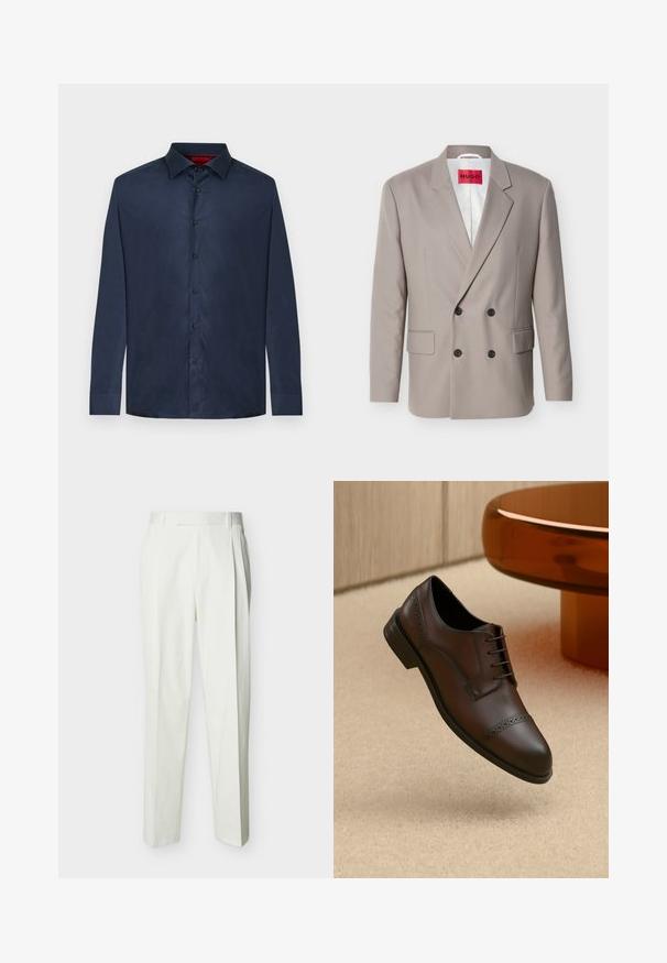 Blazer croisé beige clair avec boutons noirs, revers crantés, poches à rabat et étiquette rouge HUGO sur la doublure intérieure blanche.; Chemise habillée bleu marine à manches longues avec col, six boutons noirs et coupe ajustée.; Pantalon blanc ajusté taille haute avec passants de ceinture et plis sur le devant, présenté sur un fond uni.; Chaussure habillée en cuir marron avec des accents perforés, un bout rond et des lacets. Elle possède une semelle en caoutchouc noire. Surélevée au-dessus d'une surface texturée beige.