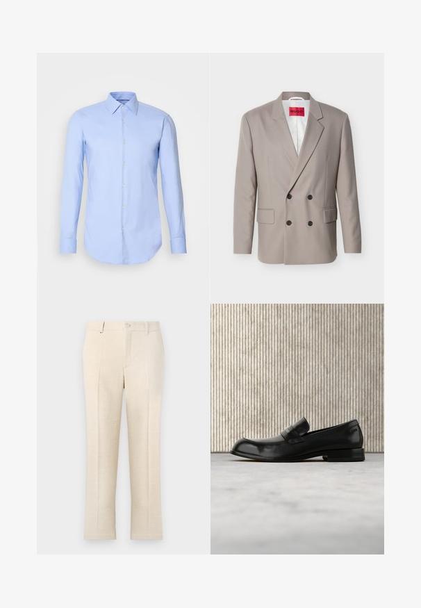 Blazer de doble botonadura color beige claro con botones negros, solapas con muesca, bolsillos con solapa y etiqueta roja HUGO en el forro interior blanco.; Camisa de manga larga azul claro hecha de algodón, con un frente de botones, cuello y dobladillo redondeado. Textura suave sin patrones.; Pantalones beige ajustados con una tela texturizada, que cuentan con cierre de cremallera, dos bolsillos frontales y un diseño de pierna recta y slim.; Mocasín negro de cuero con detalle metálico, mostrado suspendido sobre una alfombra beige, con una mesa redonda de color ámbar en el fondo.