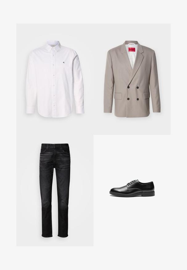 Lichtbeige double-breasted blazer met zwarte knopen, notch-revers, klepzakken en rood HUGO-label op witte voering.; Witte button-up shirt gemaakt van katoen, met een klassieke kraag, lange mouwen en een klein CK-logo op de linkerborst. Glad oppervlak.; Zwarte denim jeans met een rechte pasvorm, ontwerp met vijf zakken, subtiele vervaging en een knoopsluiting. Klassieke stijl, geschikt voor casual dragen.; Zwarte leren dresschoenen met een gladde afwerking, ronde neus, een vetersluiting met zes oogjes en een platte rubberen zool.