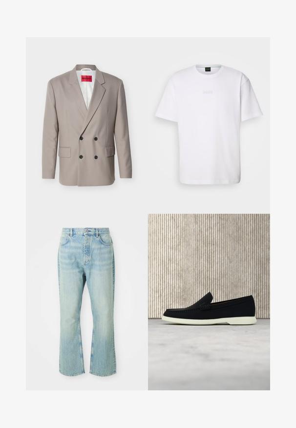 Hellbeiger zweireihiger Blazer mit schwarzen Knöpfen, nichtched Revers, Pattentaschen und rotem HUGO-Label auf weißem Innenfutter.; Weißes Baumwoll-T-Shirt mit kurzen Ärmeln, rundem Ausschnitt und geprägtem "BOSS"-Logo auf der Brust. Glatte Textur, normale Passform.; Hellblaue, ausgestellte Jean mit hoher Taille, ausgestattet mit fünf Taschen, Gürtelschlaufen und einem ausgewaschenen Denim-Look.; Schwarzer Slipper mit runder Zehenpartie, präsentiert sich mit einem strukturierten Obermaterial, glatter weißer Sohle und einem dezenten Branding-Detail an der Seite.