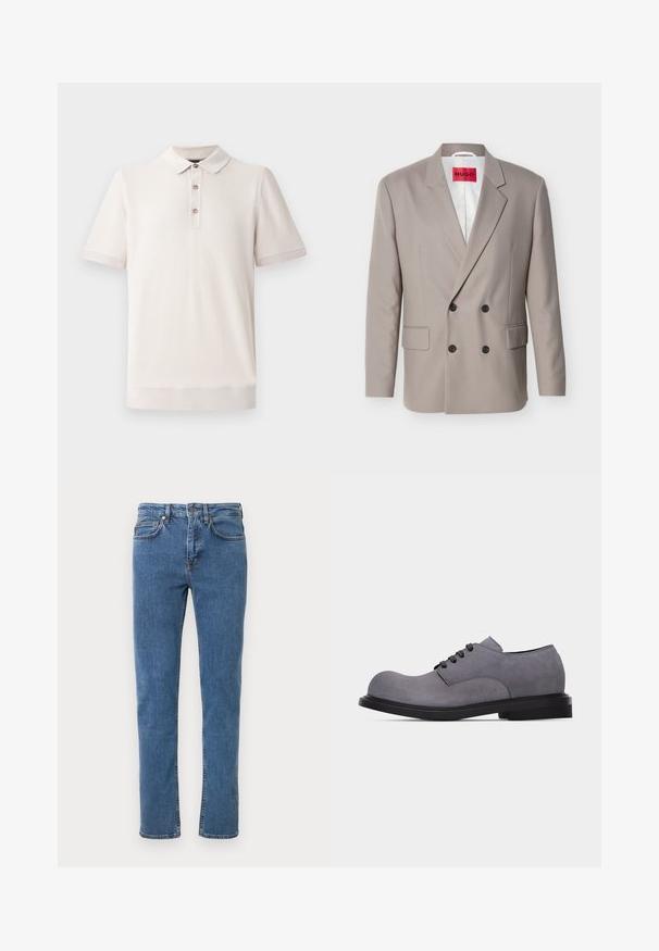 Lysebeige dobbeltradet blazer med sorte knapper, hakket revers, lommer med klap og rød HUGO-label på hvidt indvendigt foer.; Kortærmet polo-shirt i lys beige, tekstureret materiale med krave og tre knaplukninger; ribbede detaljer ved ærmer og kant.; Blå denimjeans med lige ben, der har et klassisk design med fem lommer, bæltestropper og kontrasterende syninger.; Grå ruskindssko med snørebånd, rundet tå og sort sål, vist fra siden på en ensfarvet lys baggrund.