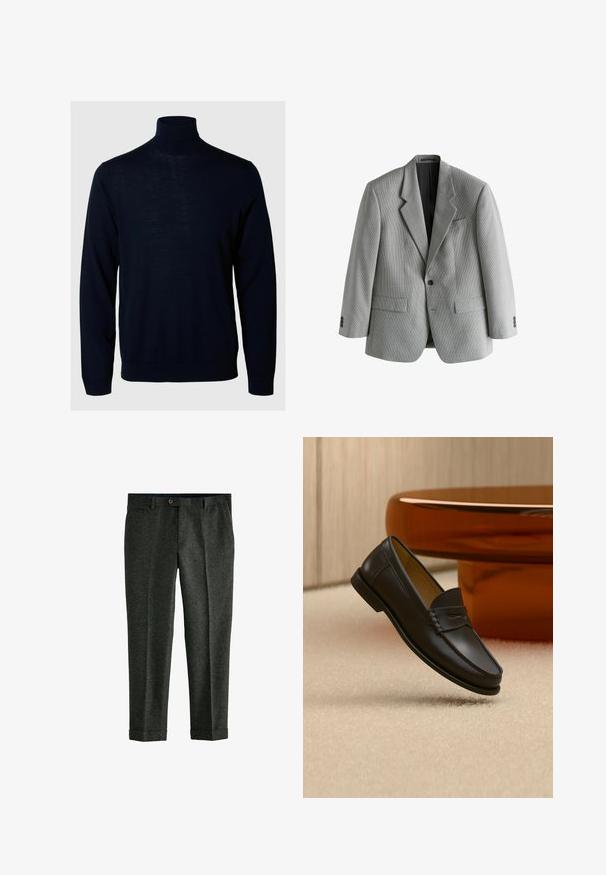 Lysegrå herreblazer med subtilt ternet mønster, hakkede revers, lukning med en knap og forlommer med klap.; Marineblå sweater med høj hals, lange ærmer, ribbede manchetter og kant, lavet af blødt stof med en glat tekstur og minimalistisk design.; Grå bukser lavet af struktureret stof med farvede nister, med knaplukning og opfoldet kant ved benene. To sidelommer.; Sort læder loafer-sko hængende over beige tæppe med ravfarvet moderne møblement i baggrunden.