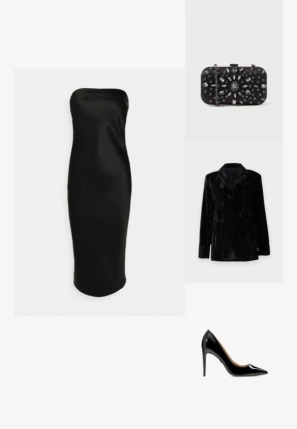 Čierna zamatová bunda s vertikálnou pruhovanou textúrou, klopami, dvoma prednými vreckami a s jedným gombíkom na zapínanie. Strih prispôsobený postave.; Gina Tricot TUBE MIDI DRESS - Koktailové šaty/večierkové šaty - black; Čierne lakované vysoké podpätky, špicaté špičky, elegantný silueta a štíhlé ihlové podpätky s hladkým, lesklým povrchom.; Čierna kabelka s obdĺžnikovým tvarom, zdobená rôznymi kamienkami v kvetinovom vzore, s strieborným remienkom na nosenie.