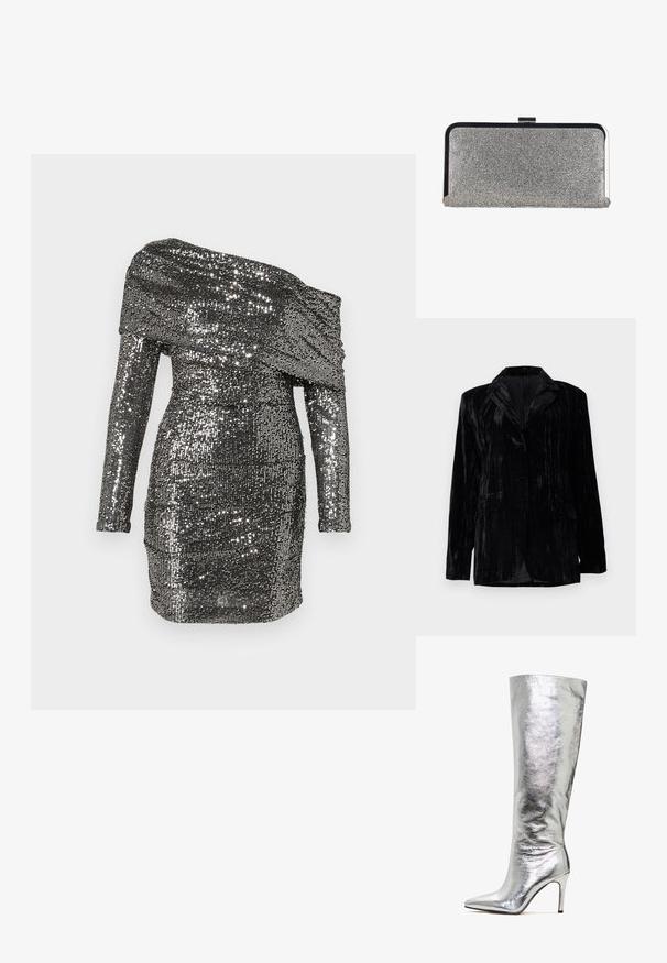 Veste en velours noir avec texture à rayures verticales, revers crantés, deux poches avant et une fermeture à un bouton. Coupe tailored.; Robe à sequins avec un décolleté bardot, des manches longues et une silhouette ajustée. Fabriquée en tissu métallique aux tons argentés.; Bottes métalliques argentées montantes jusqu'au genou, avec un bout pointu et un talon stiletto, présentant une texture lisse et brillante ainsi qu'un design élégant et ajusté.; Pochette rectangulaire argentée couverte de petits strass avec un cadre en métal noir et argenté et une fermeture à clip.