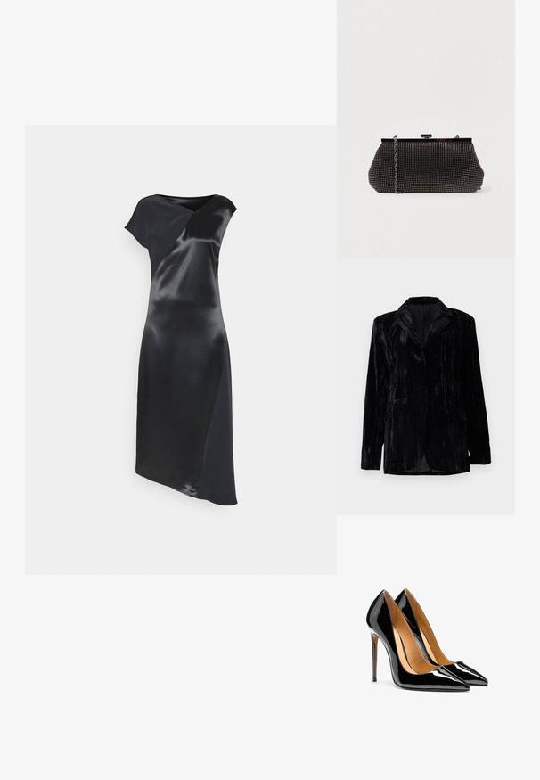 Zwarte fluwelen jas met verticale ribstructuur, notched revers, twee zakken aan de voorkant en een enkele knoopsluiting. Getailleerde pasvorm.; Calvin Klein NAIA SHINE MIDI DRESS - Cocktailjurk - black; Een paar glanzende zwarte lakleren pumps met puntige neus, naaldhakken en een beige binnenvoering op een witte achtergrond.; Zwarte mesh clutchbag met een gestructureerde silhouette, versierd met kleine metalen studs, heeft een sluiting met een klapmechanisme en een afneembare kettingriem.