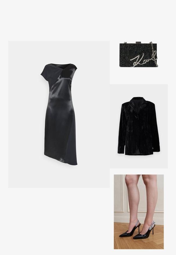 Sort velourjakke med lodrette striber, notch-kraver, to frontlommer og en enkelt knaplukning. Skræddersyet pasform.; Calvin Klein NAIA SHINE MIDI DRESS - Cocktailkjole / festkjole - black; Kvinde iført sorte laklæder høje hæle slingback sko med hvide mærkede stropper, står på trægulv.; Sort glitrende clutch med sølv kædestrop og fremtrædende "Karl" skriftdesign på forsiden. Firkantet form, glat tekstur.