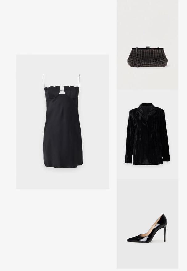 Veste en velours noir avec texture à rayures verticales, revers crantés, deux poches avant et une fermeture à un bouton. Coupe tailored.; Mini-robe noire avec un buste structuré en forme de coquillage, fines bretelles spaghetti et une découpe en forme de trou de serrure sous le décolleté.; Escarpin noir en cuir verni avec un design à bout pointu et une silhouette élégante. Présente une finition lisse et brillante ainsi qu'un talon aiguille fin.; Pochette noire en mesh avec une silhouette structurée, ornée de petits clous métalliques, dotée d'une fermeture à clip et d'une bandoulière en chaîne détachable.