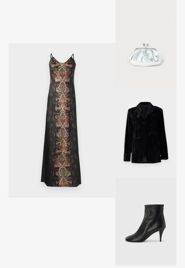 Zwarte fluwelen jas met verticale ribstructuur, notched revers, twee zakken aan de voorkant en een enkele knoopsluiting. Getailleerde pasvorm.; Zwarte slipdress met een slangenhuidpatroon in aardetinten en metallic accenten, met dunne verstelbare bandjes en een gladde textuur.; Zwarte leren enkellaarsjes met een gladde textuur, spitse neus en een slanke stilettohak. Voorzien van een ritssluiting aan de zijkant voor gemakkelijk aan- en uittrekken.; Kleine zilverkleurige metalen clutch met een afgerond, geplooid ontwerp en een sluiting met twee zilveren bollen.
