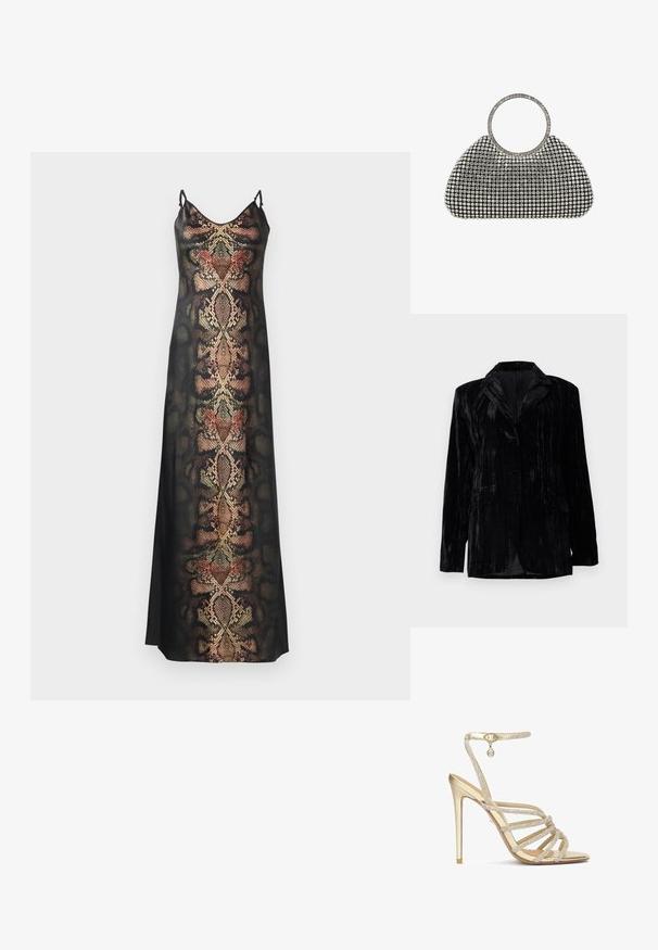 Sort velourjakke med lodrette striber, notch-kraver, to frontlommer og en enkelt knaplukning. Skræddersyet pasform.; Sort slipdress med slangeskinds mønster i jordfarver og metalliske detaljer, med tynde justerbare stropper og en glat tekstur.; Guld højhælede sandaler med flere krystalbesatte stropper og en ankelrem, med en glat metallisk finish og en spids tå.; Sort aftenkobling dækket med et gitter af sølvfarvede rhinsten og et matchende rundt håndtag med rhinsten på en hvid baggrund.