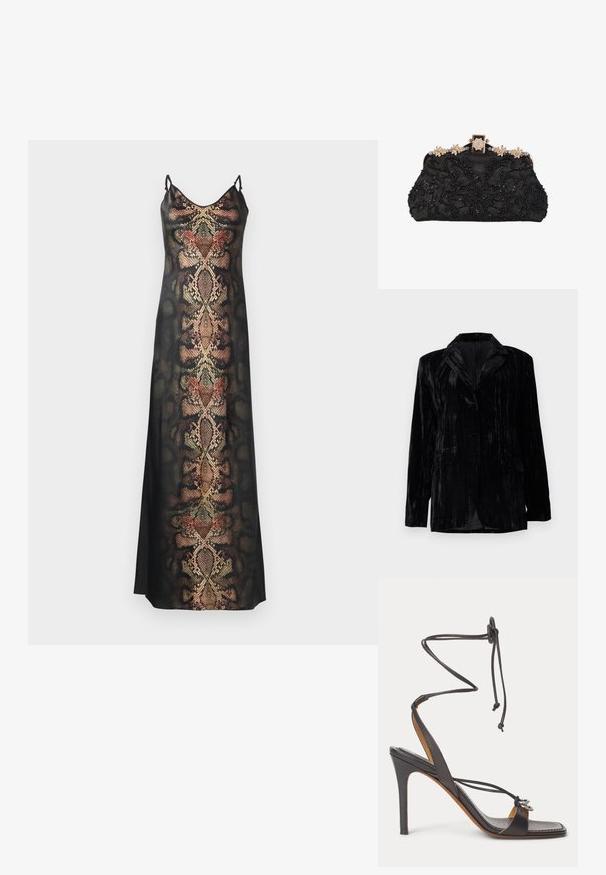 Zwarte fluwelen jas met verticale ribstructuur, notched revers, twee zakken aan de voorkant en een enkele knoopsluiting. Getailleerde pasvorm.; Zwarte slipdress met een slangenhuidpatroon in aardetinten en metallic accenten, met dunne verstelbare bandjes en een gladde textuur.; Zwarte sandalen met hoge hak en dunne enkelriempjes, open teen en zilveren decoratieve ringen op de voorste band tegen een witte achtergrond.; Zwarte clutch met ingewikkeld bloemvormig kralenwerk en een goudkleurig frame versierd met kristal en bloemvormige versieringen.