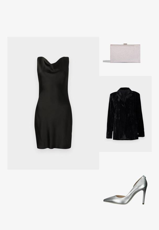 Schwarze Samtjacke mit senkrechtem Streifenmuster, Reverskragen, zwei vorderen Taschen und einem Einzelknopfverschluss. Taillierte Passform.; Schwarzes Satin-Kleid mit Cowl-Ausschnitt. Das Design ist figurbetont, hat eine glatte Textur und eine kurze Länge, die eine schlanke, minimalistische Silhouette zur Geltung bringt.; Silberner, metallischer High-Heel-Pumps mit spitz zulaufender Zehenpartie, schlankem Design, semi-transparenten Seiten und einem Stiletto-Absatz. Glatte Textur.; Silberner Glitzer-Clutch mit einer eleganten rechteckigen Form, Metallverschluss und glatter Textur. Minimalistisches Design.