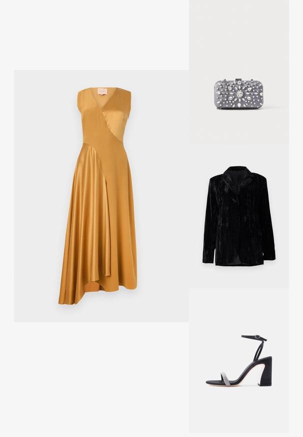 Must mustr pikkade triipudega must sametjakker, klappides, kahe esipocketiga ja ühe nupuga kinnitusega. Kohandatud sobivus.; Roksanda WASHED SILK SATIN MIRAL DRESS - Kokteilikleit/peokleit - mustard; Must kõrge kontsaga sandaal ankerrihmaga ja sädelevate kividetailidega varbarihmaga valgel taustal.; Väike ristkülikukujuline tumehall käekott, kaunistatud selgete kristallidega kiirgavas mustris ja hõbedase kettaga rihm.