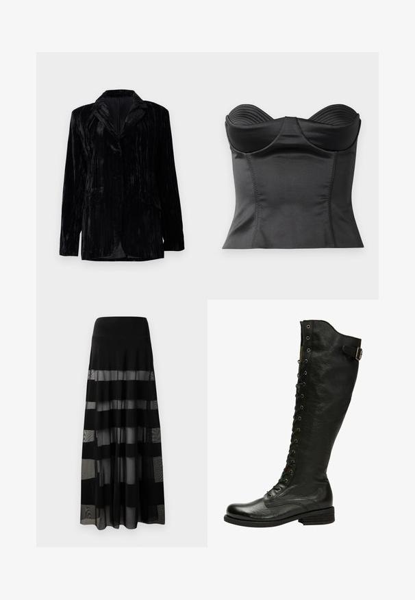 Veste en velours noir avec texture à rayures verticales, revers crantés, deux poches avant et une fermeture à un bouton. Coupe tailored.; Top noir structuré avec un décolleté en cœur. Fabriqué en tissu doux et extensible, avec des côtes verticales le long de la poitrine pour un meilleur maintien.; Jupe maxi noire avec une taille ajustée, comportant des panneaux transparents et des rayures opaques. Tissu léger avec une texture lisse.; Botte en cuir noir hauteur genou avec un laçage à l'avant, œillets en métal argenté et boucle sur le côté. Présente une finition texturée et un talon empilé.