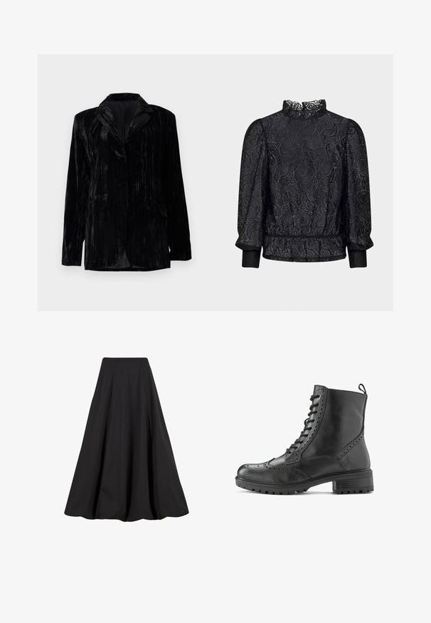 Schwarze Samtjacke mit senkrechtem Streifenmuster, Reverskragen, zwei vorderen Taschen und einem Einzelknopfverschluss. Taillierte Passform.; Minimum Bluse - black; Schwarzer, knöchellanger Rock aus glattem Stoff, mit Falten und hoher Taille. Das Design bietet eine fließende Silhouette und reichlich Volumen.; Schwarzer Leder-Stiefelette mit Brogue-Details, Schnürdesign, robuster Sohle und einer Zuglasche an der Ferse für einfaches Anziehen.