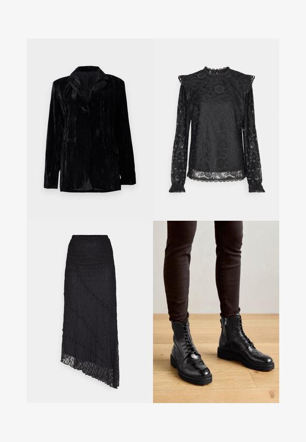 Zwarte fluwelen jas met verticale ribstructuur, notched revers, twee zakken aan de voorkant en een enkele knoopsluiting. Getailleerde pasvorm.; PIECES Tall PCOLLINE - Blouse - black; ONLY ONLKIM SLIT - Maxirok - black; Zwarte leren enkellaarsjes met brogue-details, een vetersluiting aan de voorkant, ritsen aan de zijkant en gestructureerde rubberen zolen. Gecombineerd met donkere slim-fit broek.