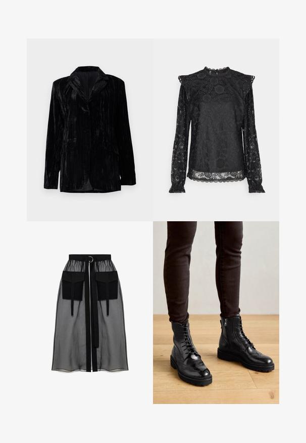 Zwarte fluwelen jas met verticale ribstructuur, notched revers, twee zakken aan de voorkant en een enkele knoopsluiting. Getailleerde pasvorm.; PIECES Tall PCOLLINE - Blouse - black; Zwarte doorschijnende rok met een verzameld tailleband, voorzien van twee grote voorzakken, een tailleband met strik en een ronde metalen accent.; Zwarte leren enkellaarsjes met brogue-details, een vetersluiting aan de voorkant, ritsen aan de zijkant en gestructureerde rubberen zolen. Gecombineerd met donkere slim-fit broek.