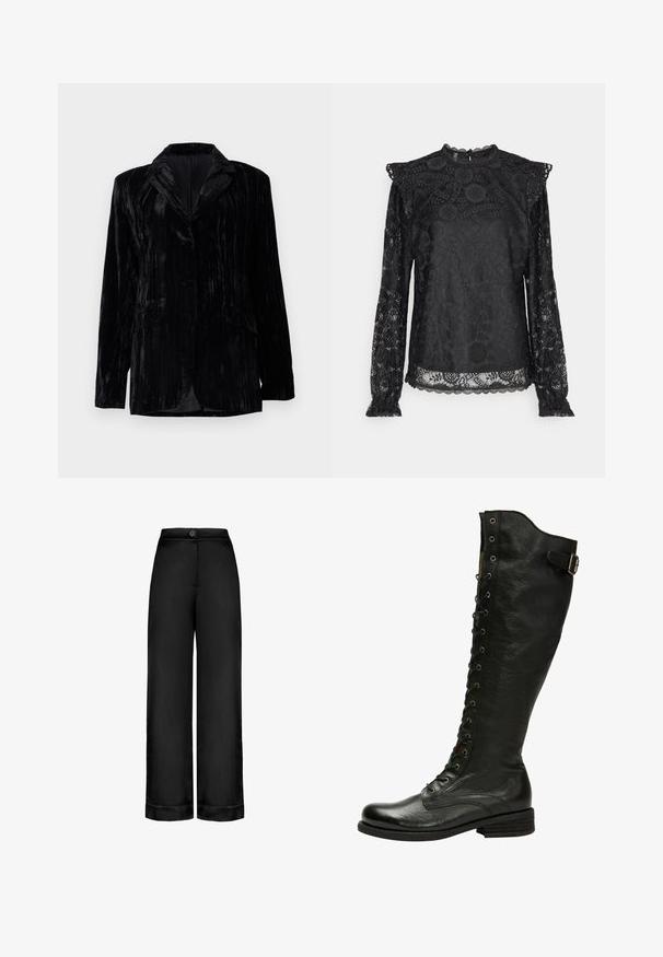 Sort velourjakke med lodrette striber, notch-kraver, to frontlommer og en enkelt knaplukning. Skræddersyet pasform.; PIECES Tall PCOLLINE - Bluse - black; Sorte, højtaljede bukser med vidde i benene, frontlukning med knapper og opslag ved buksebenene, glat stof uden synlige lommer eller mønstre.; Sorte læder knæhøje støvler med snørebånd foran, sølvøjer og sidebælte. Har en tekstureret overflade og stablet hæl.