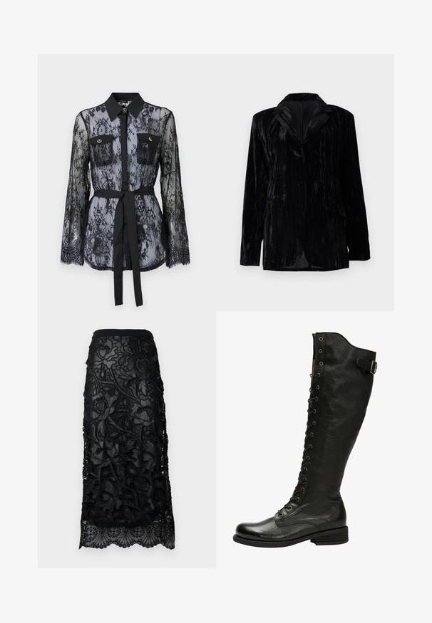 Zwarte fluwelen jas met verticale ribstructuur, notched revers, twee zakken aan de voorkant en een enkele knoopsluiting. Getailleerde pasvorm.; Zwarte kanten blouse met lange mouwen, knoopzakken op de borst, een klassieke kraag en een stoffen riem die op de taille is gestrikt. Doorzichtige uitstraling.; Zwarte kant rok met ingewikkelde bloemenborduursel, een getailleerde tailleband en een gegolfde zoom. Transparante overlay met textuurdetails.; Zwarte leren kniehoog laars met vetersluiting aan de voorkant, zilveren oogjes en een bucklet aan de zijkant. Heeft een gestructureerde afwerking en een gestapelde hak.