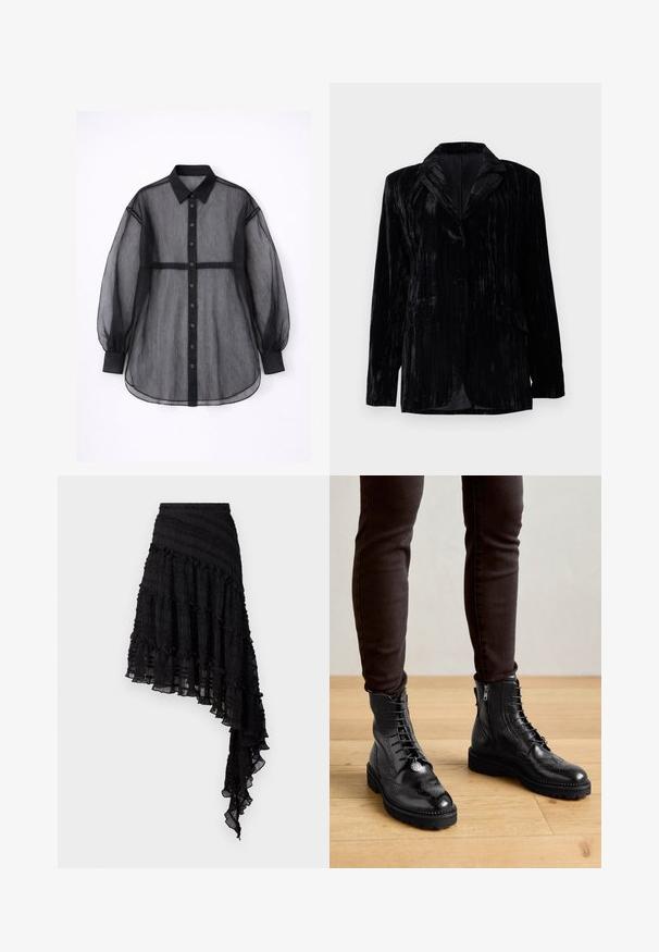 Veste en velours noir avec texture à rayures verticales, revers crantés, deux poches avant et une fermeture à un bouton. Coupe tailored.; Chemise noire transparente avec un design à boutons, manches longues bouffantes, col rabattable et ourlet droit. Tissu texturé.; Jupe asymétrique noire avec des plis texturés, des volants superposés et une taille smockée. Tissu léger avec une finition transparente.; Bottines en cuir noir avec des détails de brogue, un laçage à l'avant, des fermetures éclair sur les côtés et des semelles en caoutchouc texturé. Associées à un pantalon slim noir.