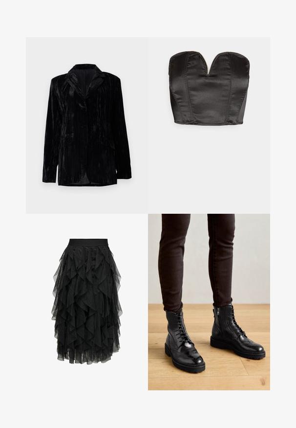 Veste en velours noir avec texture à rayures verticales, revers crantés, deux poches avant et une fermeture à un bouton. Coupe tailored.; Vero Moda VMSALLY CROPPED SIMILI CORSAGE - Débardeur - black; Jupe noire en tulle superposé avec un design à volants. Elle dispose d'une taille élastique. Le tissu transparent ajoute de la texture et du mouvement.; Bottines en cuir noir avec des détails de brogue, un laçage à l'avant, des fermetures éclair sur les côtés et des semelles en caoutchouc texturé. Associées à un pantalon slim noir.