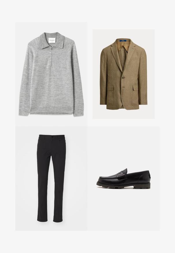 Americana de hombre beige de cuadros con solapas de muesca, cierre de un botón y bolsillos con solapa, de Polo Ralph Lauren, expuesta sobre fondo blanco.; Suéter gris de punto con cuello y media cremallera. Fabricado en un material de punto suave, presenta un dobladillo y mangas acanalados, con una textura lisa.; Pantalones ajustados de color negro, fabricados con una mezcla de algodón, que cuentan con una cinturilla estándar, pasadores para cinturón y bolsillos delanteros y traseros.; Mocasines de cuero negro con punta redondeada, costuras decorativas y una suela texturizada para mayor tracción. Tacón ligeramente elevado.