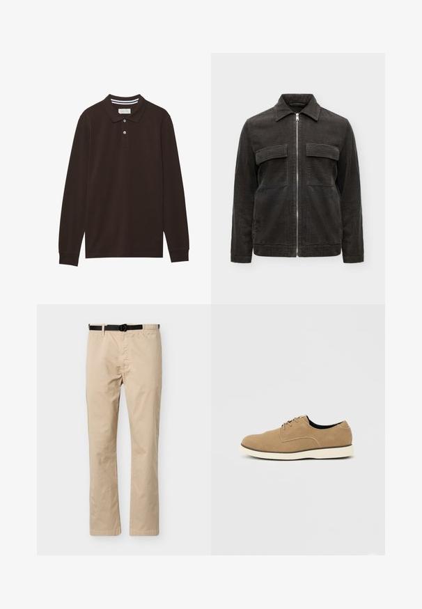 Veste en velours côtelé gris foncé avec fermeture éclair à l'avant, deux poches poitrine à rabat, manches longues et col sur un fond uni.; Polo à manches longues en coton marron foncé, doté d'un col, d'une patte de boutonnage à trois boutons et d'accents à rayures blanches. Texture lisse.; Pantalon beige à jambes droites avec ceinture noire ajustable, taille élastique d'un côté et couture décorative à l'avant.; Chaussure à lacets en daim marron clair avec semelle blanche et coupe basse à la cheville, vue de profil sur un fond neutre.