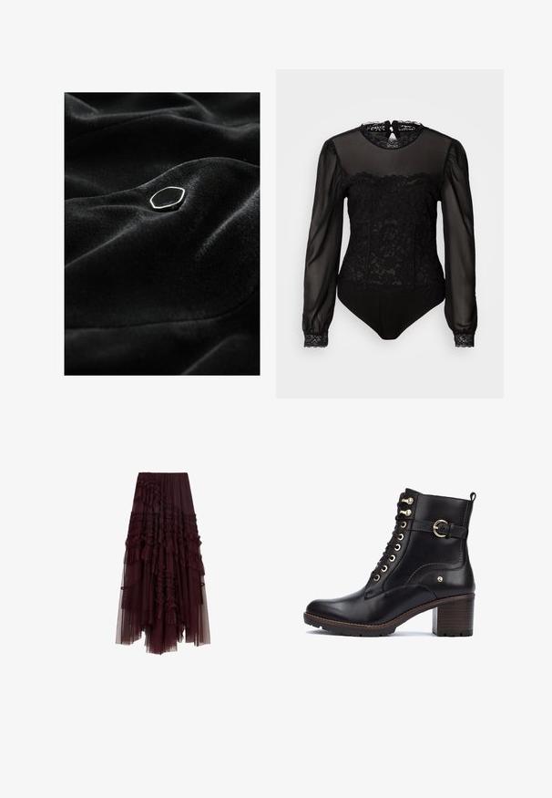 Tissu en velours noir avec une texture lisse, mettant en avant un bouton en argent hexagonal proéminent. Le tissu présente de subtils plis et ombres.; Bodysuit noir avec des manches longues transparentes. Présente un superposé en dentelle sur le devant supérieur et un col montant avec une fermeture en arrière en forme de trou de serrure.; Jupon en tulle bordeaux avec des couches volantes, une taille élastique et des longueurs variées, offrant une texture douce et légère.; Bottines en cuir noir avec des accessoires dorés, bout rond, design à lacets et un talon épais avec finition bois. Présente une accentuation par une sangle sur le côté.