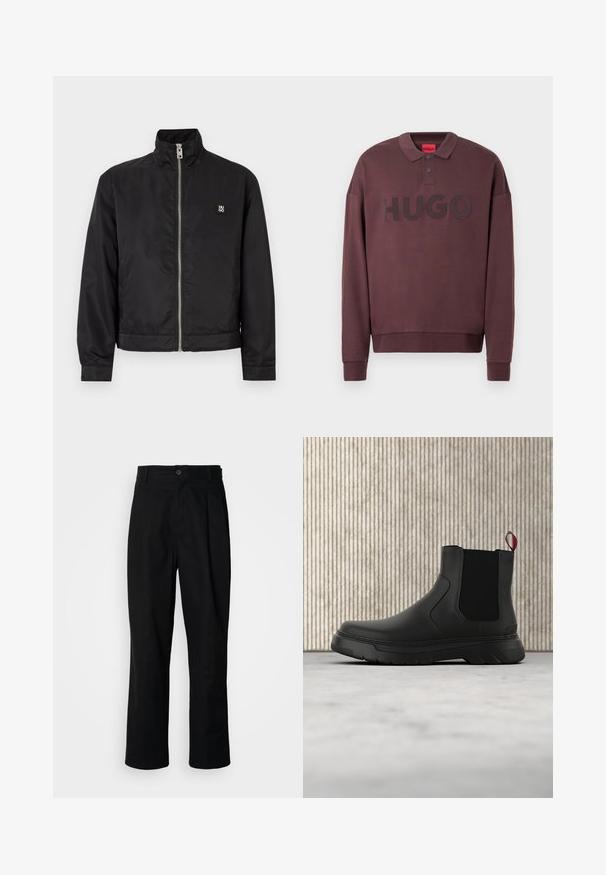 Sort jakke med lynlås, høj krave, lange ærmer, sidelommer og lille "HUGO"-logo på venstre bryst.; Langærmet mørkebrun polo-sweatshirt med ribkant ved ærmerne, to knapper ved kraven og "HUGO" trykt på brystet.; Sorte lige ben bukser med en knaplukket talje, bæltestropper og en frontfold, præsenteret mod en ensfarvet hvid baggrund.; Sort ankelstøvle med en glat overflade, elastiske sidepaneler og en kontrasterende rød træksløjfe, der har en tyk gummisål og rund tå.